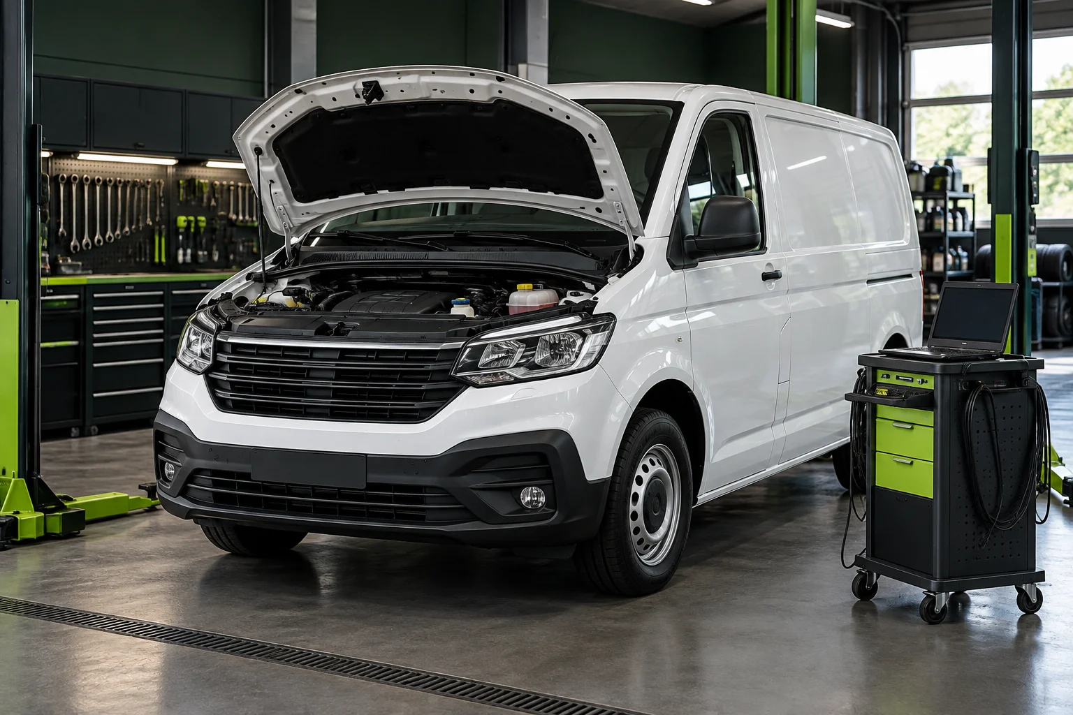 Illustrative commercial van with an open bonnet beside diagnostic equipment