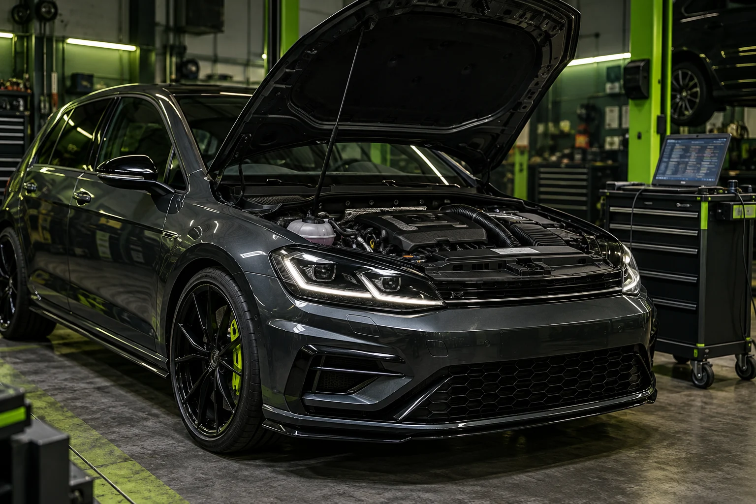 Illustrative performance hatchback with open bonnet and diagnostic laptop in a workshop